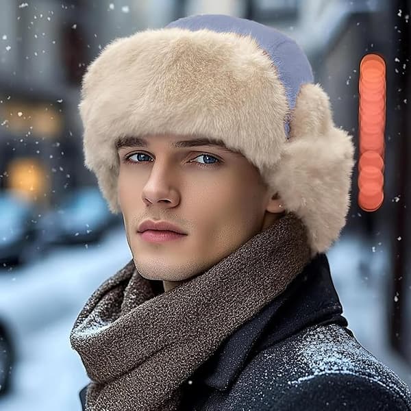 Vinter trapper hat med øreklapper, varm russisk hat til kvinder, trapper hat/skihue til mænd. blue