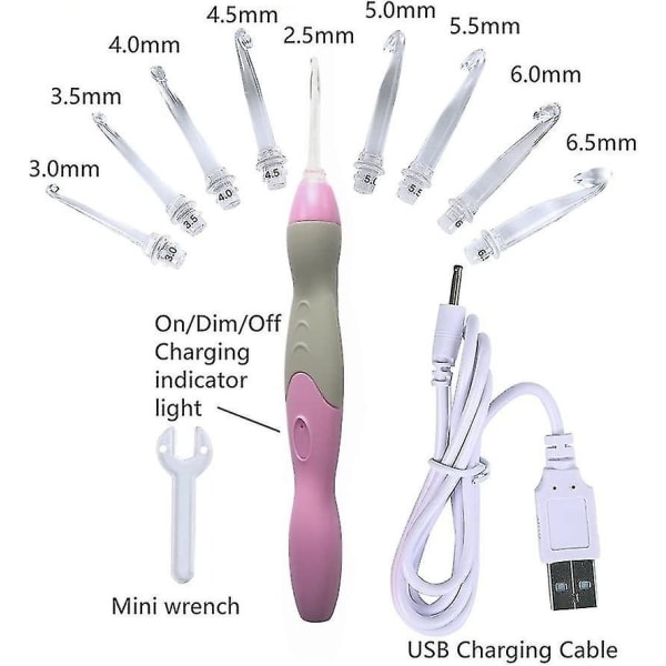 Lighted Set, 9 Sizes Interchangeable Heads 2.5mm to 6.5mm with Ergonomic Grip Handles, Rechargeable Lighted Crochet Hooks Complete Set for A