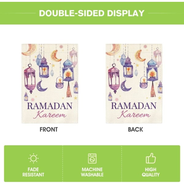 Ramadan Kareem hageflagg 12x18 tommer dobbeltsidig utvendig, lanterner Crescent Moon Yard utendørs