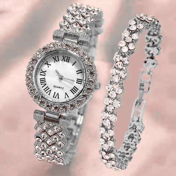 Luksusur til kvinder Stålarmbånd kærlighedsbælte Rhinestone Quartz Watch Fashion (sølv)