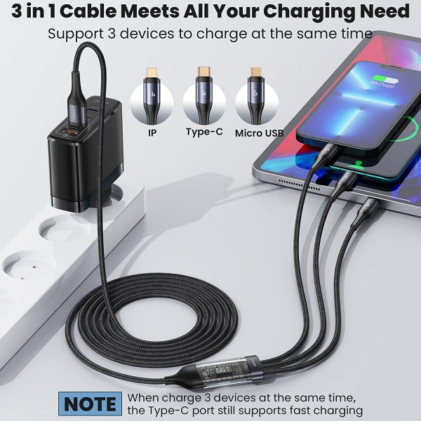 66W 3-in-1-monilatausjohto, USB C -kaapeli pikalatauskaapeli