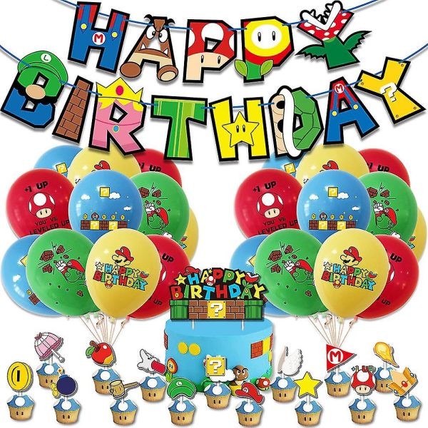 Super Mario Party Supplies Dekor Banner Ballonger Cake Topper Set