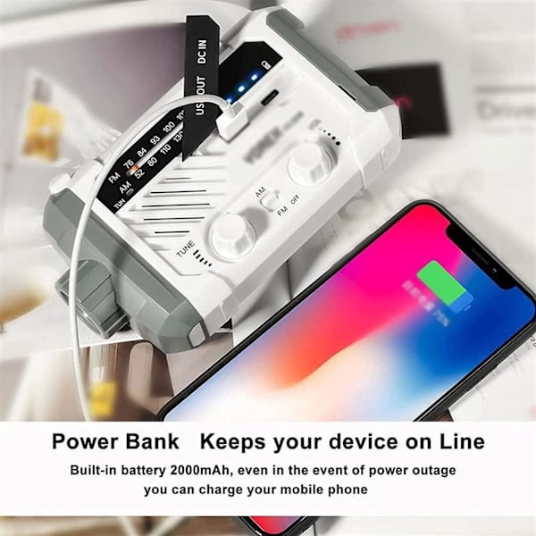 Nödradio, vevradio med ficklampa, AM/FM väderradio med 2000mAh powerbank