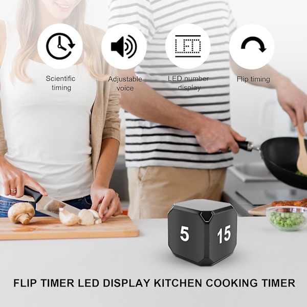 Cube Timer Kjøkken Timer Sensor Flip Meditasjon Timer Management og Nedtelling 5-15-25-45 Min (Svart)