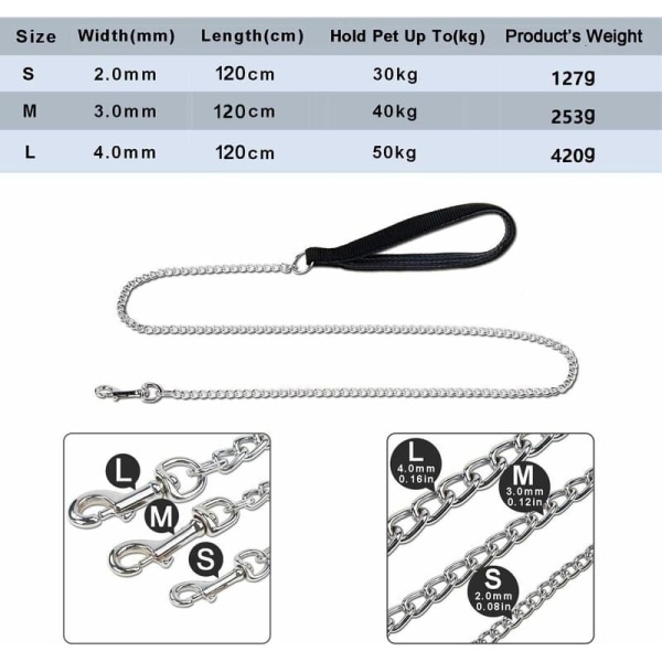 Teräksinen koiran ketjuhihna, raskas koiran hihna, PU-nahkainen kahva, koiran hihna 120CM