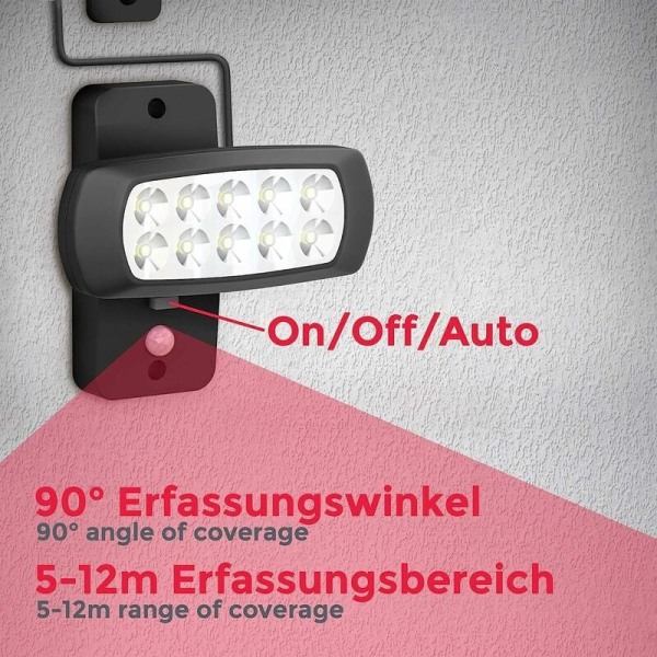 Udendørs LED solcellelampe IP44, PIR bevægelsessensor, vægspot hus terrasse altan sort, stænktæt, koldt hvidt lys 6500K