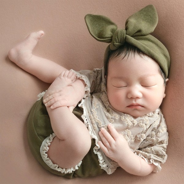 Nyfødt fotorekvisitter Sløyfe hodebånd og blonder Jumpsuits Babyklær Hodeplagg Langermet bukse for jente