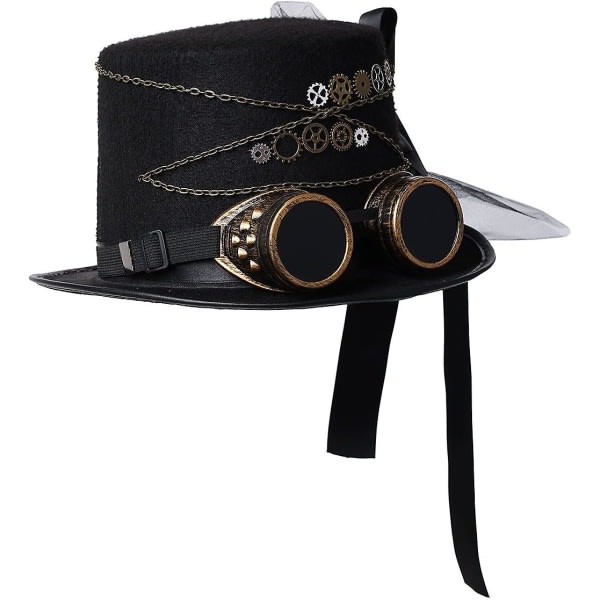 Unisex Steampunk Top Hat Halloween Kostume Hat Med Briller (60cm) Sort Brun 2 L