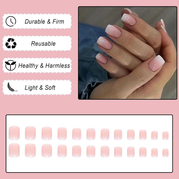 24 Pcs Square False Nails Short, Pink Gradient French Tip Nude Press on Nails, Glossy Detachable Glue-on Nails with Adhesive Stickers