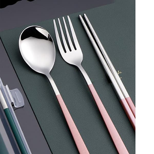 Rustfrit stål spisepinde ske gaffel sæt bærbart bestiksæt (tre-delt sæt - pink sølv)