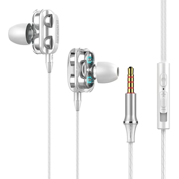 A4 hodetelefoner med ledning med dobbel driver 3,5 mm port bass stereo in-ear sports vanntett hodetelefon (versjon med fire høyttalere, hvit)