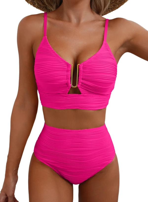 Bikini för kvinnor med V-ringning och utskärningar, högmidjad texturerad plisserad baddräkt M Rose Red