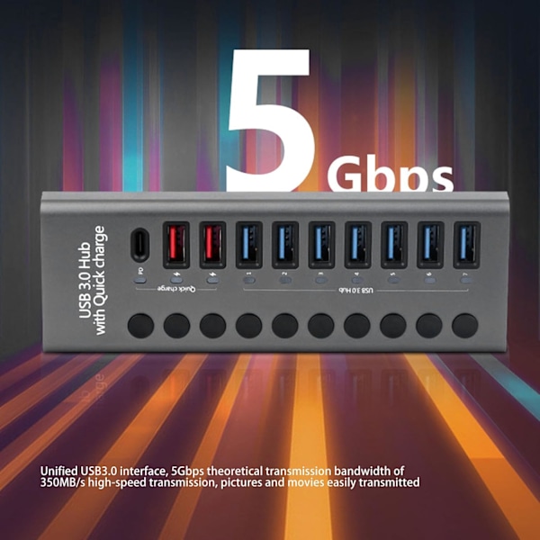 USB-hub 3.0, 7-ports USB-hub med individuella strömbrytare, USB-splitter förlängare