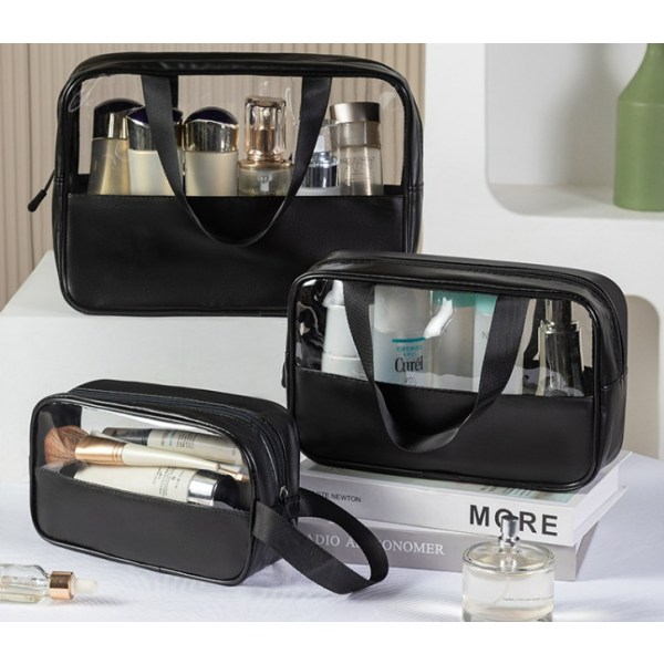 (Sort) 3-delt transparent makeup taske toilettaske