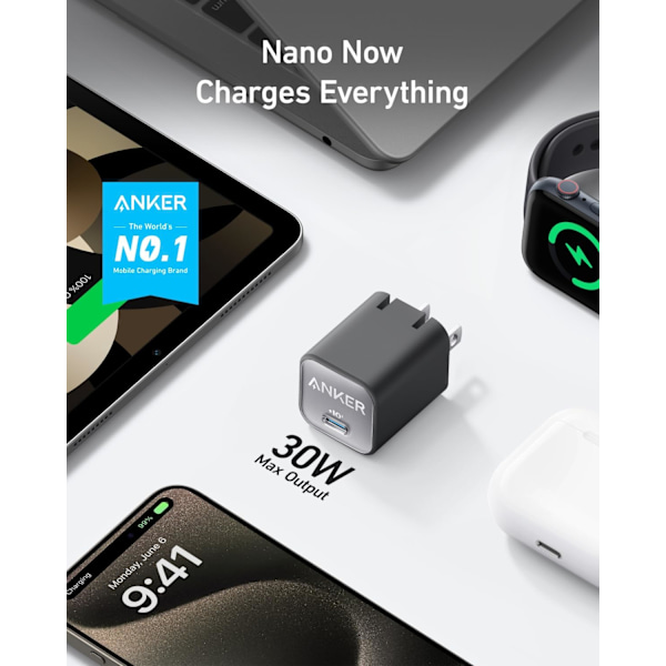Lader, USB C GaN Lader 30W, PIQ 3.0 Foldbar PPS Rask Lader for iPhone 16 / 15 og flere serier, Galaxy, iPad, Kompatibel med MagSafe (svart) black