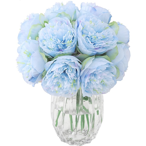 2 buketter kunstige peoner, 10 hoder falske blomster silkepioner til bryllup Hjemmekontor Hotell vinduskarmsdekorasjon, midtdeler (blå)