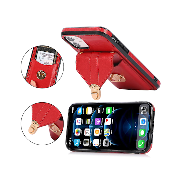 iPhone 12-fodral för kvinnor Plånbok med korthållarrem Crossbody PU-läder anti-rep Skydd Red