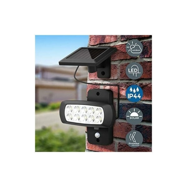Udendørs LED solcellelampe IP44, PIR bevægelsessensor, vægspot hus terrasse altan sort, stænktæt, koldt hvidt lys 6500K