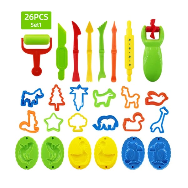 26 stykker plastinverktøy Leiretilbehørsett Diverse former Ruller Kuttere Pedagogisk gave til barn Tilfeldig farge