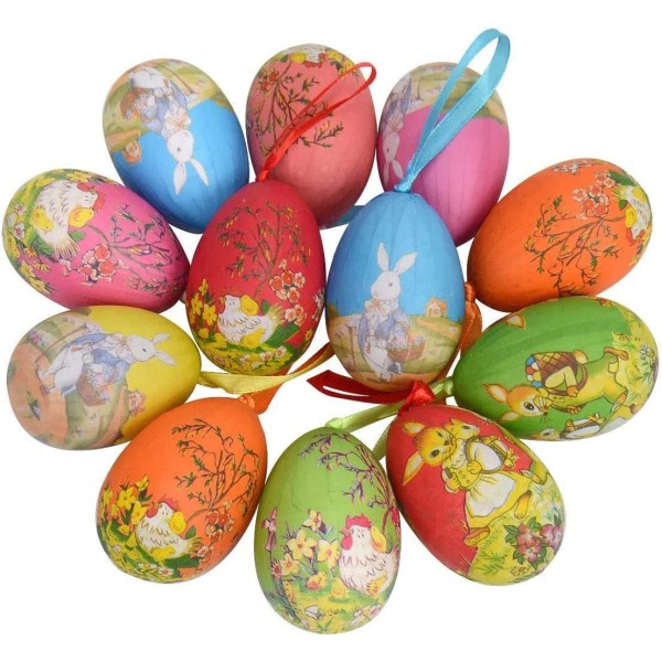 12 st påskägg, papper mache påskägg dekorerade hängande ägg för påskträd dekoration