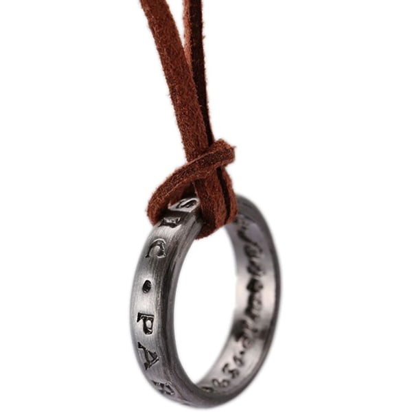 Graverad ringhängande halsband med justerbar brun läderkedja (unisex)
