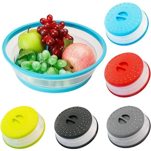 2 Pack Collapsible Cover (Red+Blue) BPA Free Microwave Splash Guard Colander for Fruits and Vegetables