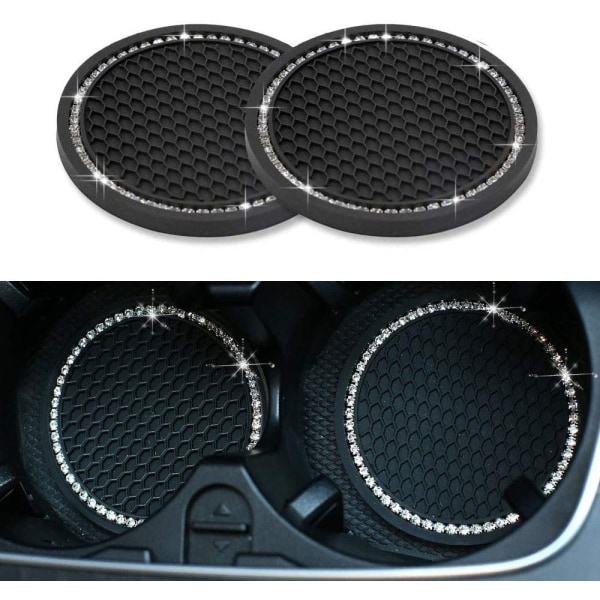 2Inch Crystal Rhinestone Car Interior Accessories Durable Anti Slip Silicone Car Coasters (Pack of 2) (Black)