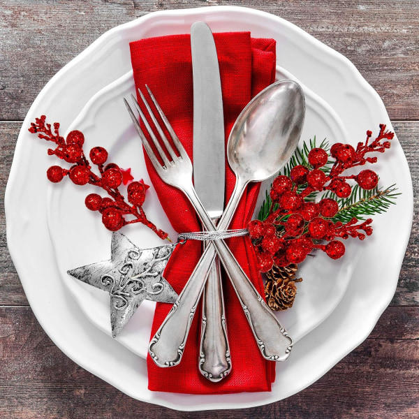 12 stk Glitrende Røde Bær Grener 8,3 Tommer Kunstige Frukt Bær Plukker Holly Bær Kvist for Juletrepynt DIY Håndverk Jul Rød