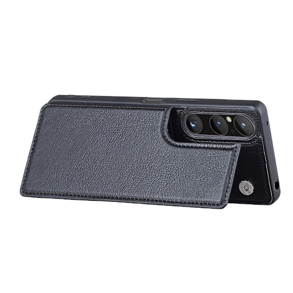 Sony Xperia 1 V:lle tarkoitettu kickstand-telineellinen PU-nahkainen TPU-kotelo korttilokeroilla - Musta