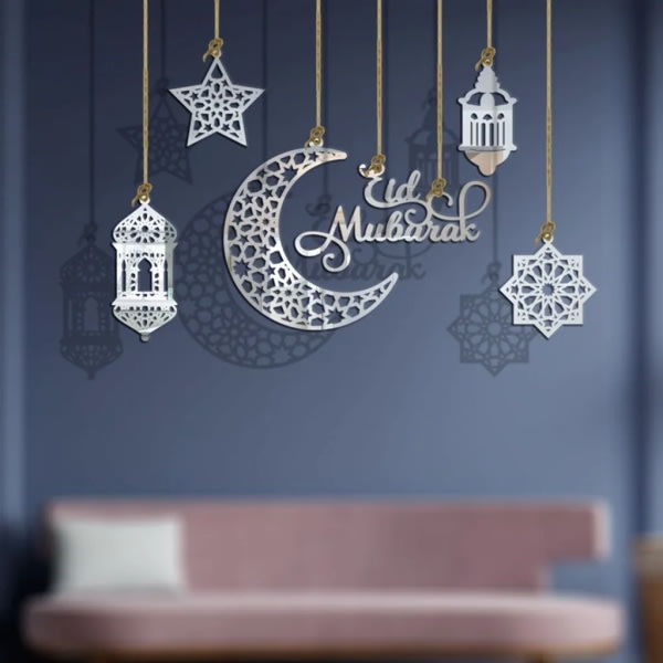 Kpl riipuskoristeet Ramadan-koristeet, Crescent Moon Star -valaisinriipuskoristeet, jotka sopivat Ramadan Eid Mubarak -koristeeseen (hopea)
