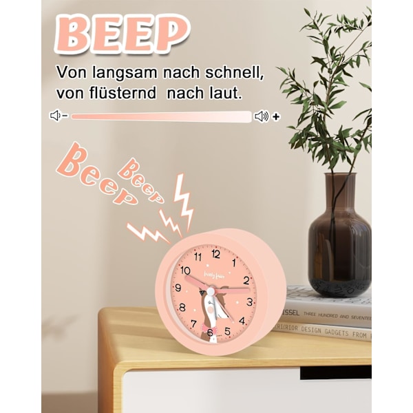 Analogt vekkerklokke for barn, nattbord soverom med snooze og nattlys, stille bærbar læringsvekkerklokke (rosa)