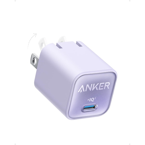 Lader, USB C GaN Lader 30W, PIQ 3.0 Foldbar PPS Rask Lader for iPhone 16 / 15 og flere serier, Galaxy, iPad, Kompatibel med MagSafe (lilla) purple
