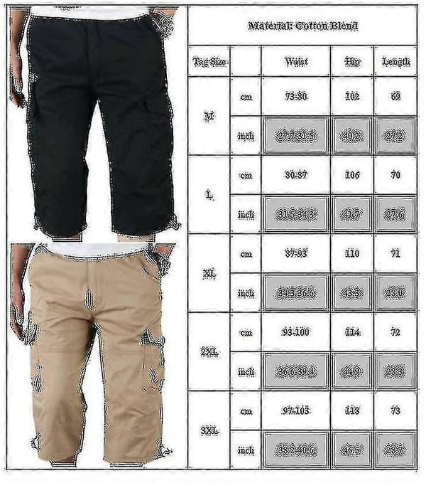 Men's 3/4 Long Elastic Waist Cargo Combat Three-Quarter Pants Black Black M