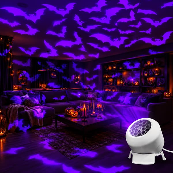 Dynamisk fladdermusprojektorlampa USB-driven 360 roterbar projicerar lila fladdermusväggmönster för sovrum vardagsrum skräckfester Halloween-dekor Bat