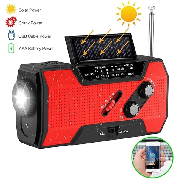 Crank Radio Solar Power, Emergency Hand Crank Radio med ficklampa och 1000mAh mobiltelefonladdare