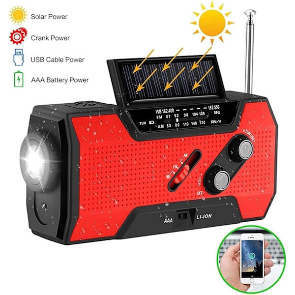 Veva Radio med Solenergi, Nödhandvevradio med Ficklampa & 1000mAh Mobiltelefonladdare