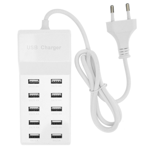 USB ladestasjon med 10 porter, strømadapter for flere enheter, EU-plugg 100-240V