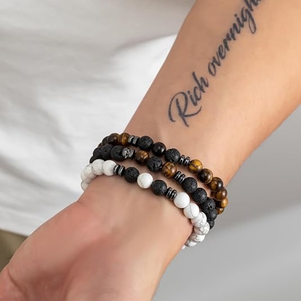 Herrarmband med pärlor, Tigeröga, 8 mm, Naturliga stenpärlor, Justerbart stretch armband set