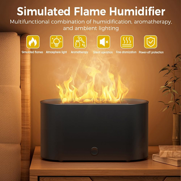 7 Farver Simuleret Flamme Luftfugter Aroma Diffuser med Farveskiftende Natlys til Hjem Aromaterapi Luftfugter Sort