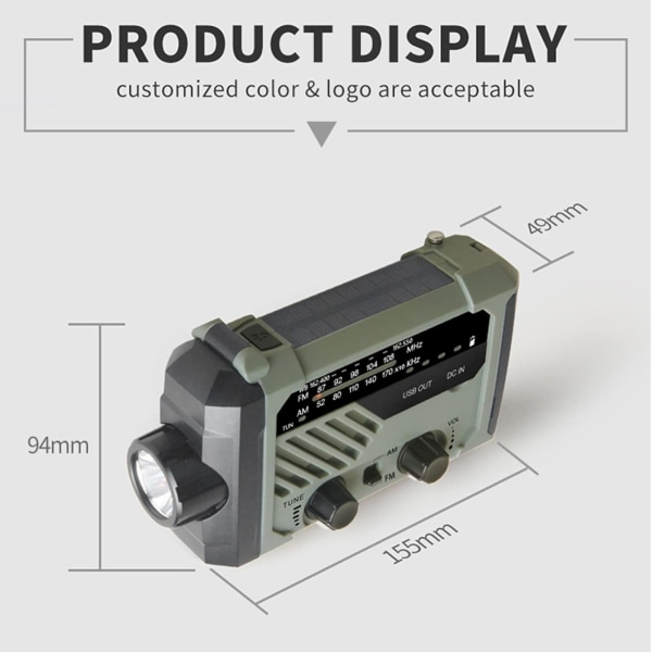 Kannettava käsikäyttöinen radio, aurinkoenergiaa hyödyntävä AM/FM-hätäradio käsikäyttöisellä dynamolla ja lukulampulla