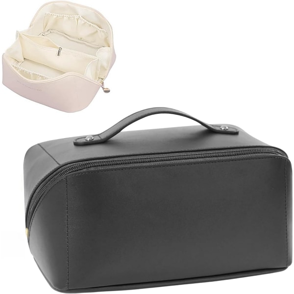 Stor kosmetiktaske til rejser Kosmetisk arrangør Højkapacitets makeuptaske Opbevaringspose PU-læder Black