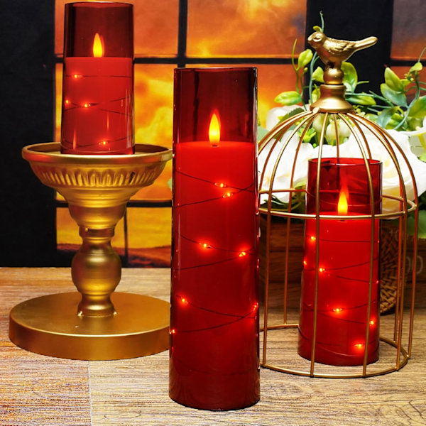 Flammeløse LED-lys med timer 5 stk Flimrende flammeløse lys, med innebygd stjernelys, batteridrevne lys (rød)