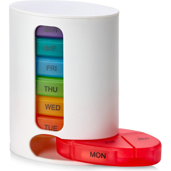Ugentlig Pilleboks, 1 Dispenser, 7 Stable Multi-Farvede Rum Fire Gange Dagligt - Morgen, Middag, Aften og Sengetid, Hvid White housing