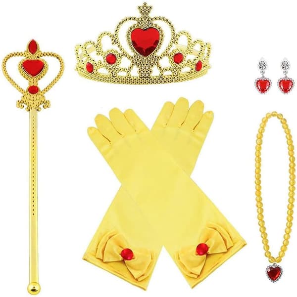 Princess Elsa Costume Accessory Set for Kids, Includes Braid, Tiara, Gloves and Wand 6pcs - yellow