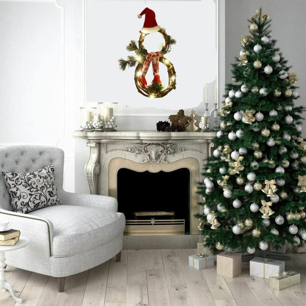Valaistu joulukoriste kattokruunu, jossa hattu ja lumiukko kotipuutarhan seinäkoristeeseen Punainen