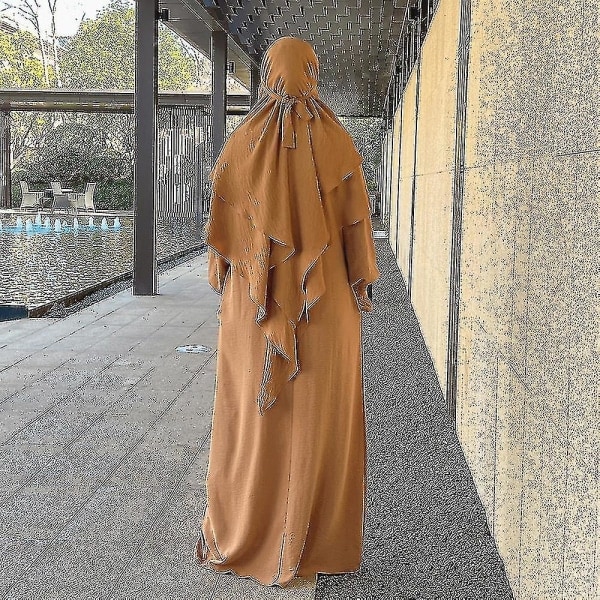 Ramadan Eid muslimska kvinnor Jilbab 2 delar Abaya Med Hijab Lång Khimar Niqab Set Overhead Bönklänning Islam Outfit Djellaba Burka Khaki Set XL-XXL