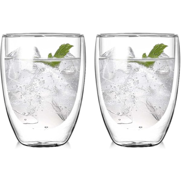 Dobbelveggs isolerte glasskrus (sett med 2), kaffekrus, tekopper, drikkeglass for kalde eller varme drikker (350 ml)
