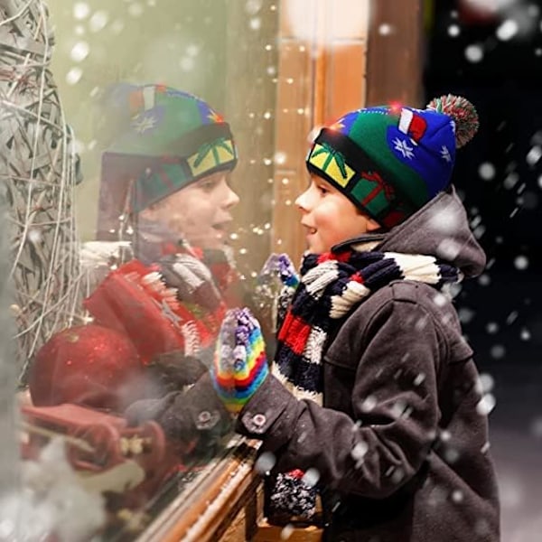 Ljusupplyst Julhatt, LED Julhattar med Ljus, Blinkande Julhatt Stickad Hatt för Barn Vuxna Pojkar Flickor