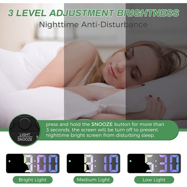 Digital väckarklocka, digital klocka med stor, färgglad LED-display