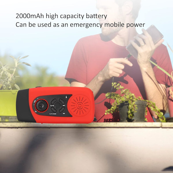Vejrradio, 2000mAh Solcelledrevet Nød Håndsving Radio med LED Lommelygte, SOS Alarm